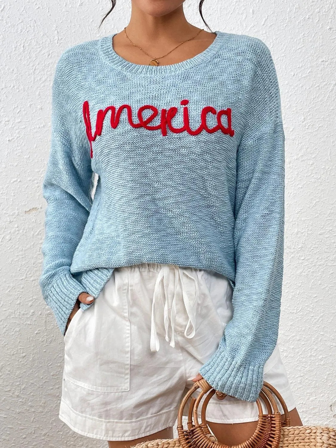 Letter Round Neck Long Sleeve Sweater - 6i6