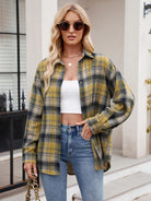 Pocketed Plaid Collared Neck Long Sleeve Shirt - 6i6