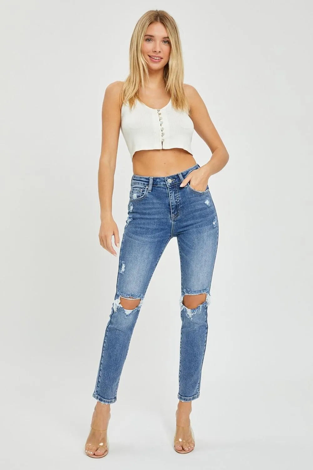 Risen Full Size High Rise Knee Distressed Skinny Jeans - 6i6