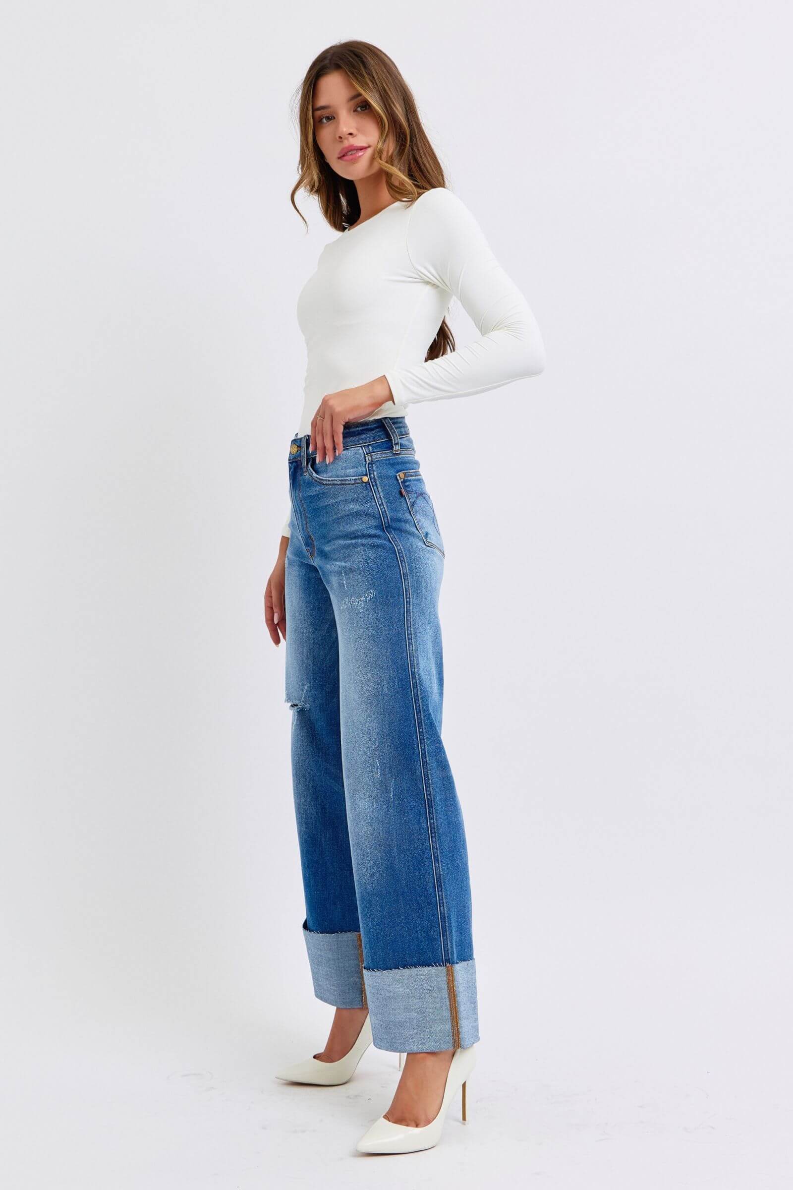 Judy Blue full-size distressed high waist wide leg jeans with a relaxed fit and stylish distressed details, available at 6i6.com