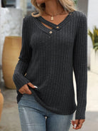 Ribbed V-Neck Long Sleeve T-Shirt - 6i6