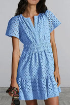 Eyelet Notched Short Sleeve Mini Dress - 6i6