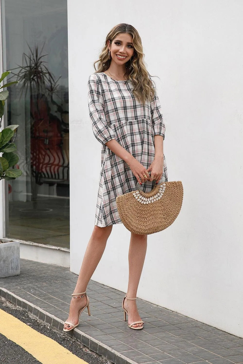 Plaid Round Neck Mini Dress - 6i6