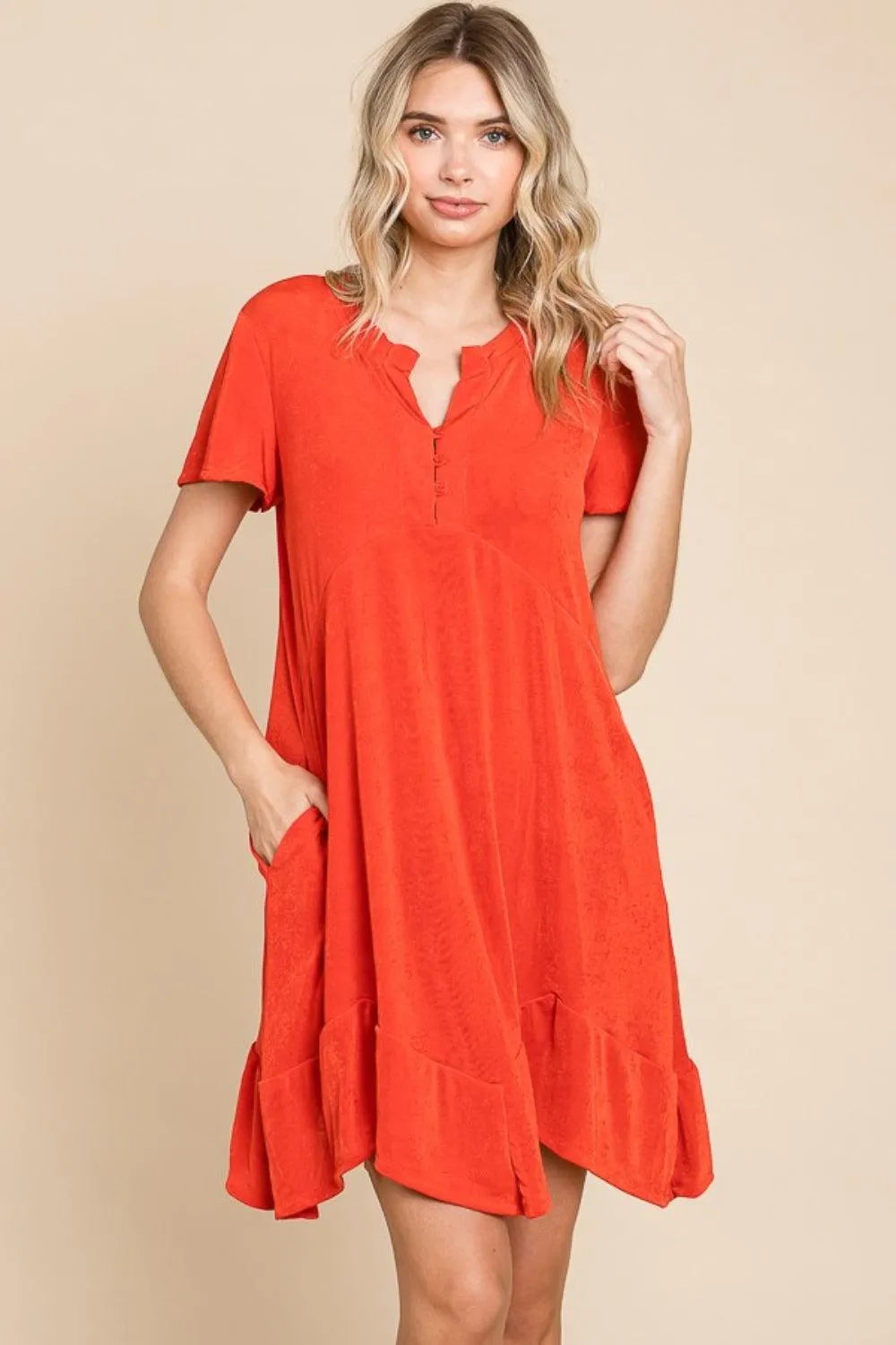 Culture Code Full Size Notched Short Sleeve Dress - 6i6