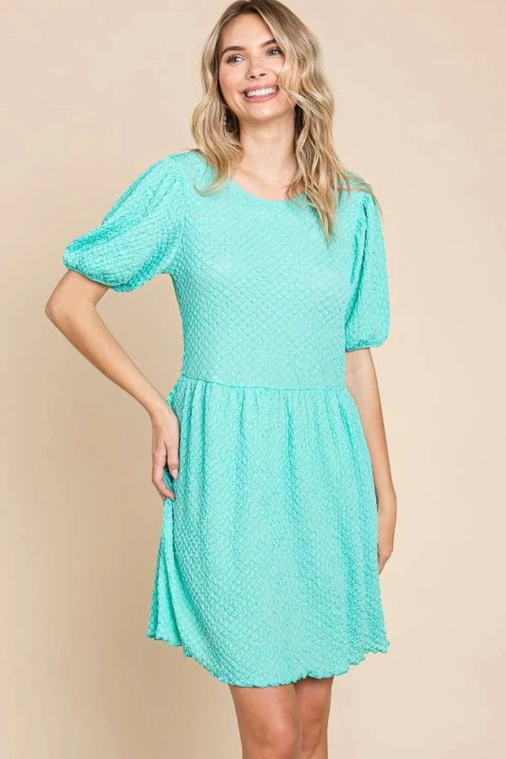 Culture Code Full Size Textured Round Neck Puff Sleeve Dress - 6i6