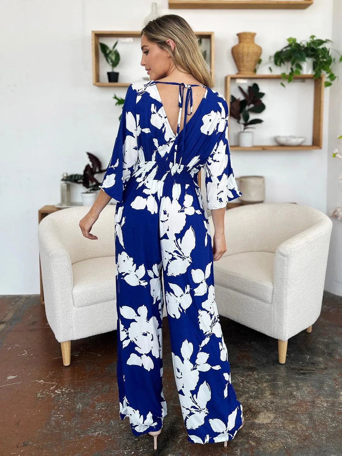 Double Take Full Size Printed Tie Back Wide Leg Jumpsuit - 6i6