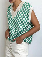 Full Size Checkered V-Neck Cap Sleeve Sweater - 6i6