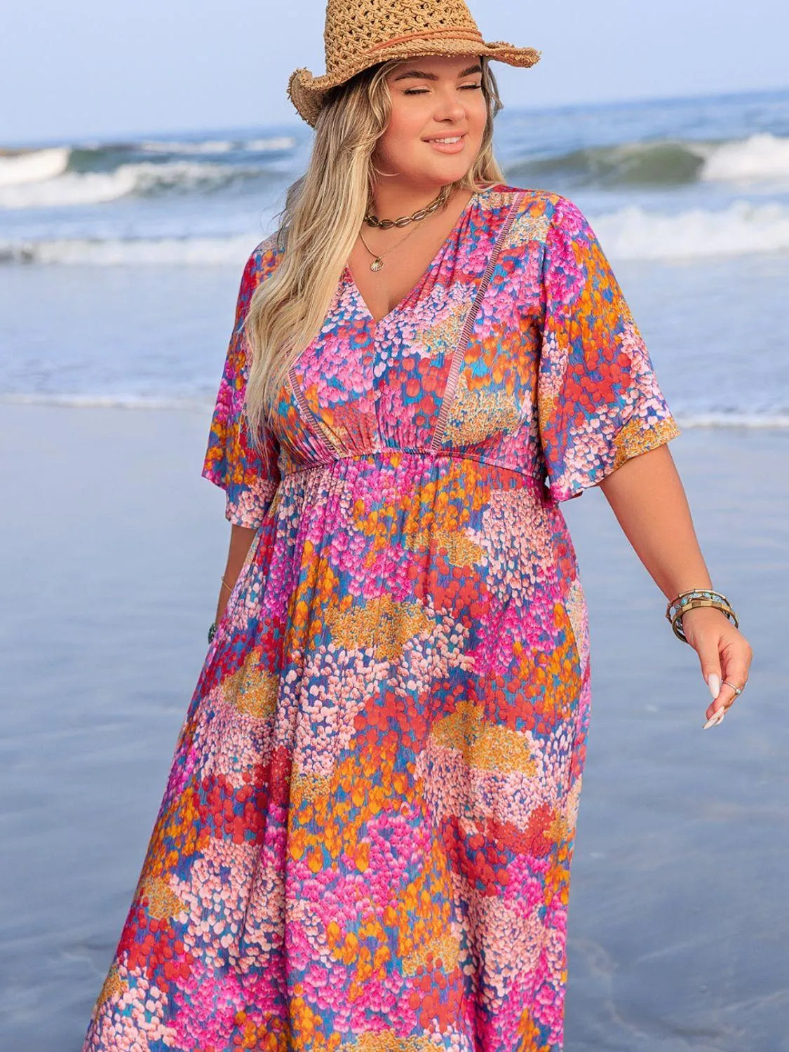 Plus Size Slit Printed Half Sleeve Dress - 6i6