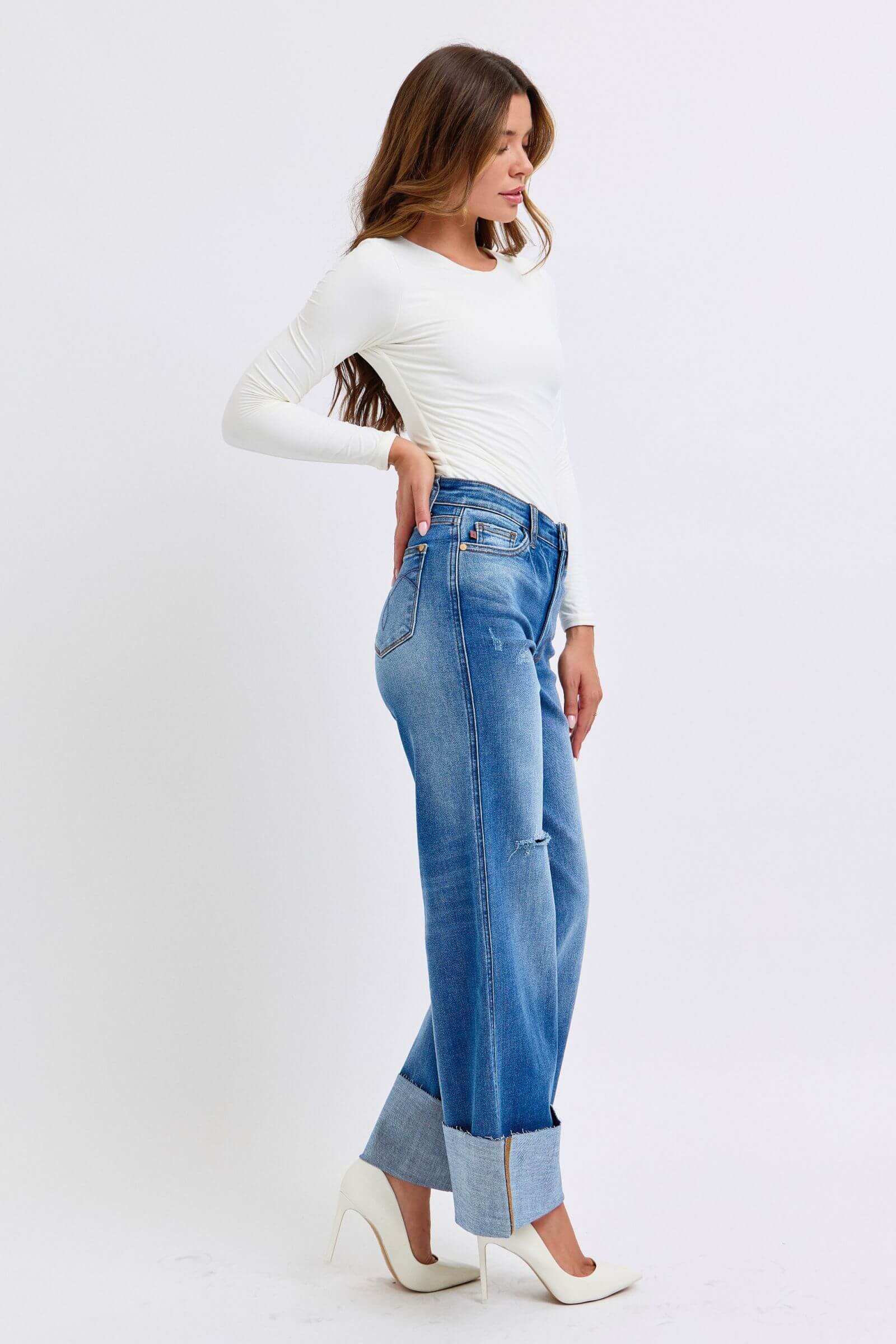 Judy Blue full-size distressed high waist wide leg jeans with a relaxed fit and stylish distressed details, available at 6i6.com