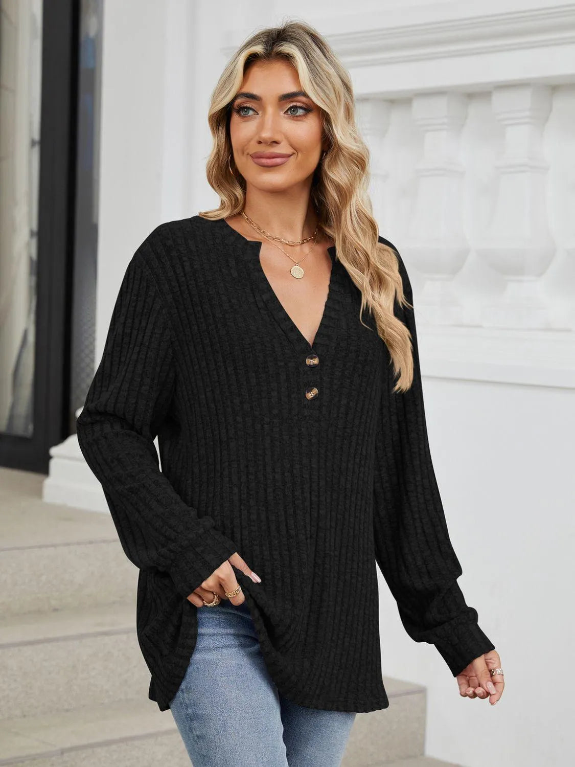 Ribbed Notched Long Sleeve T-Shirt - 6i6