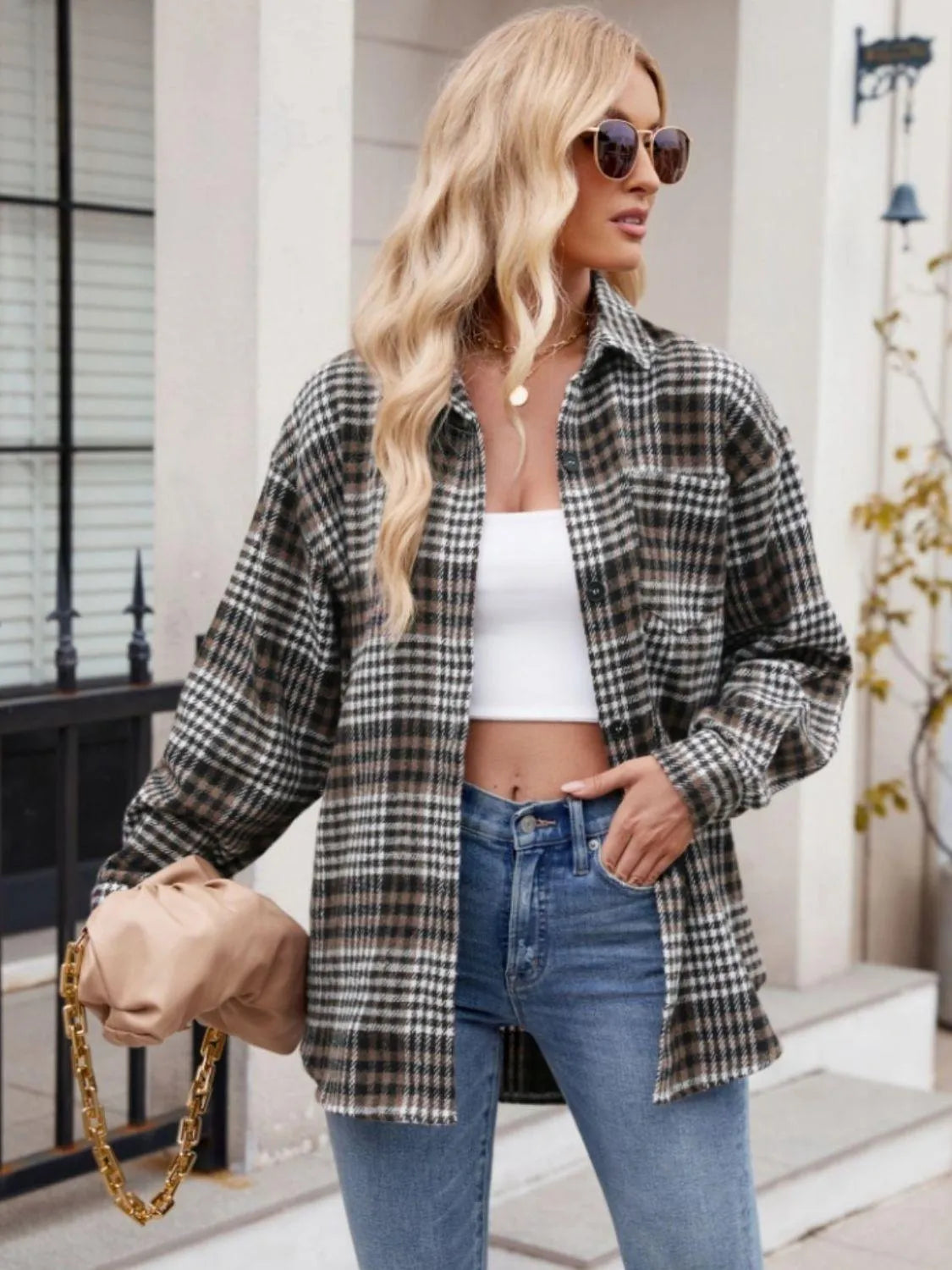 Pocketed Plaid Collared Neck Long Sleeve Shirt - 6i6