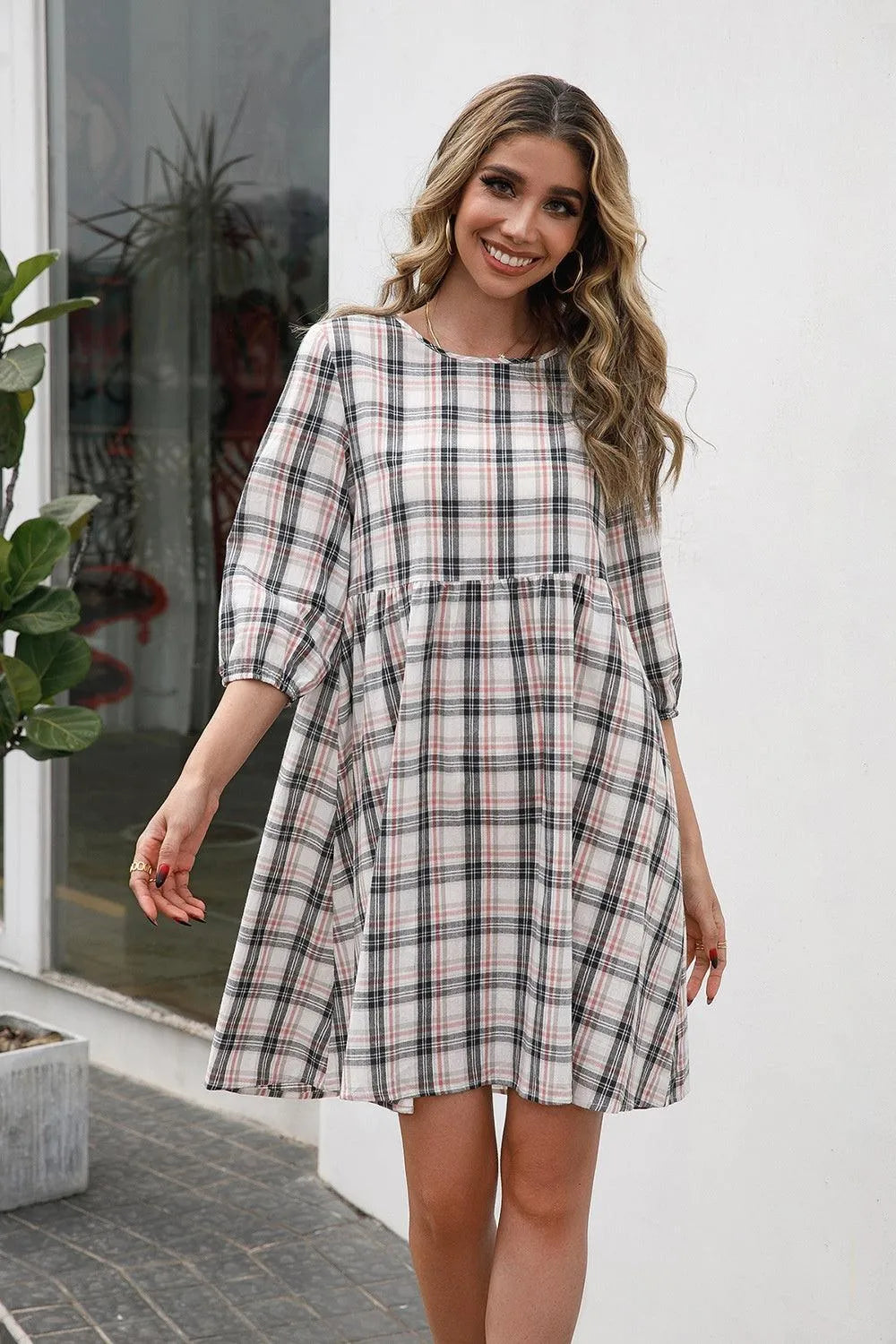 Plaid Round Neck Mini Dress - 6i6