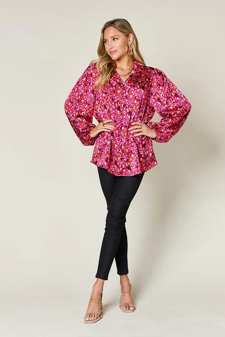 Double Take Full Size Printed Balloon Sleeve Shirt - 6i6