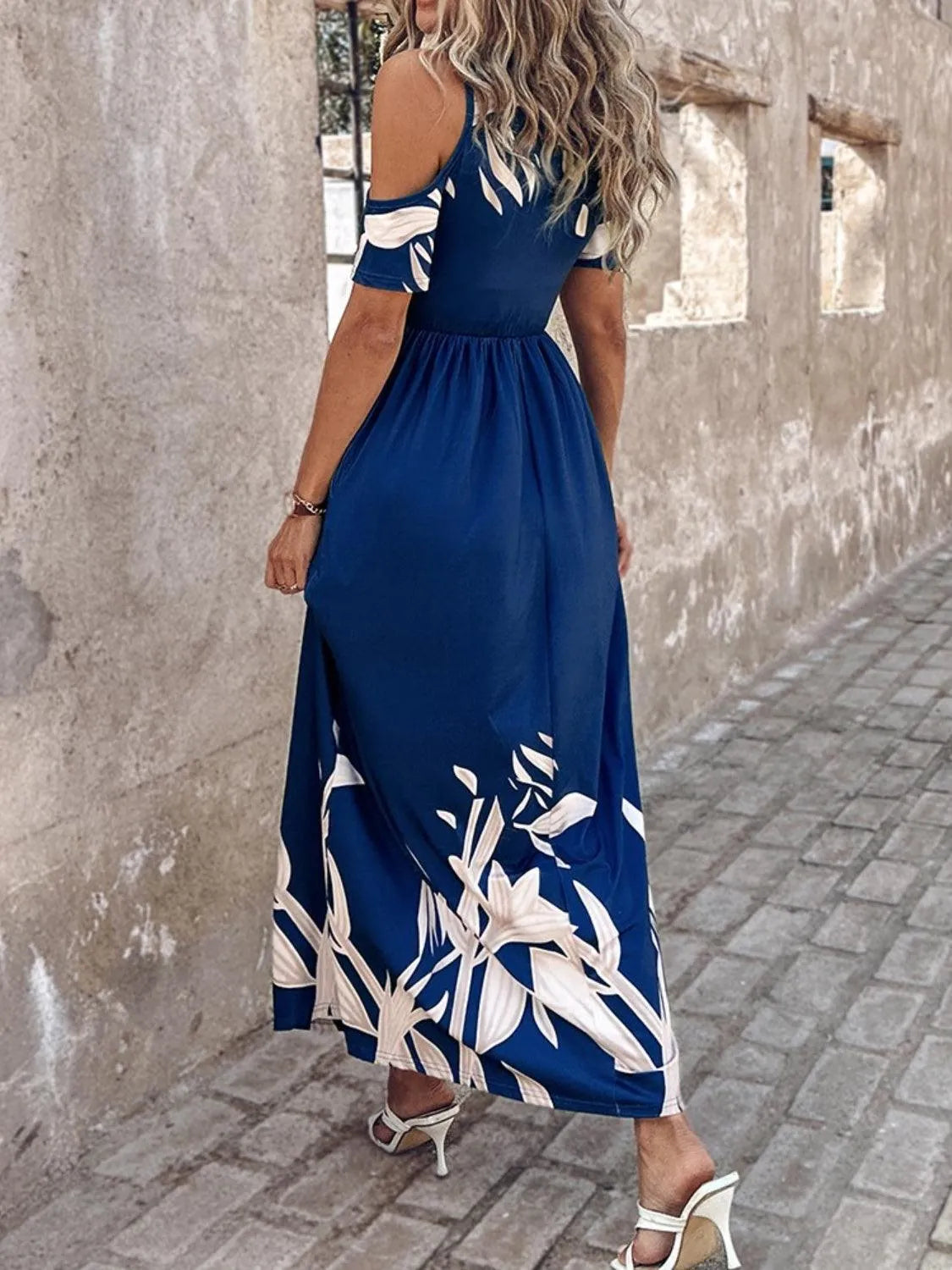 Printed Cold Shoulder Short Sleeve Maxi Dress - 6i6