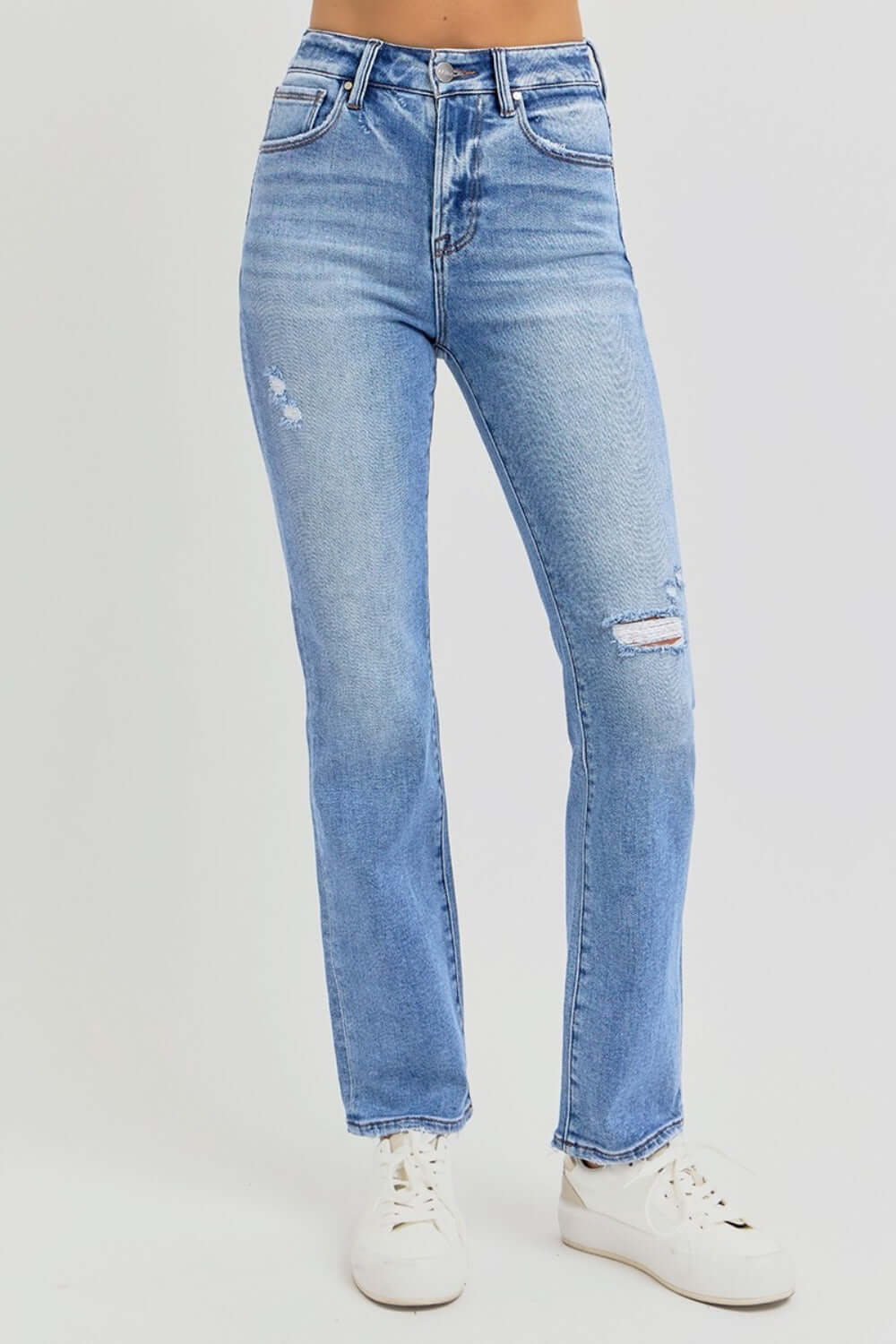 RISEN full-size distressed high-rise ankle straight jeans with a stylish distressed look and a flattering fit, available at 6i6.com
