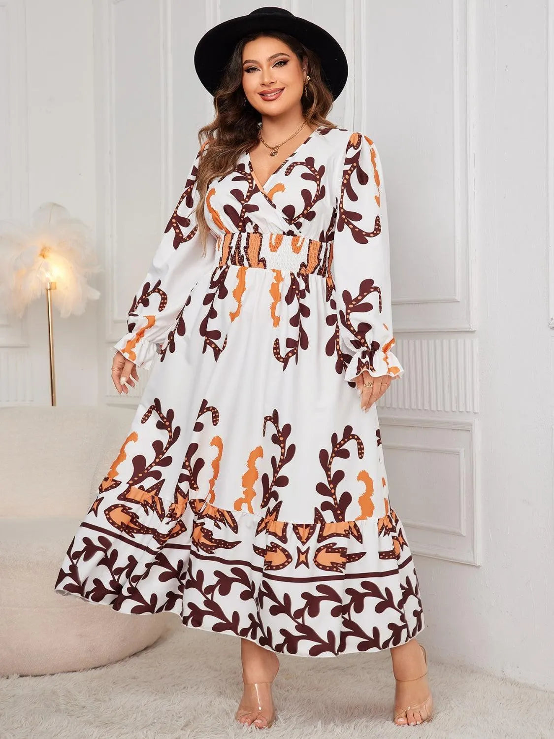 Plus Size Printed Surplice Flounce Sleeve Dress - 6i6