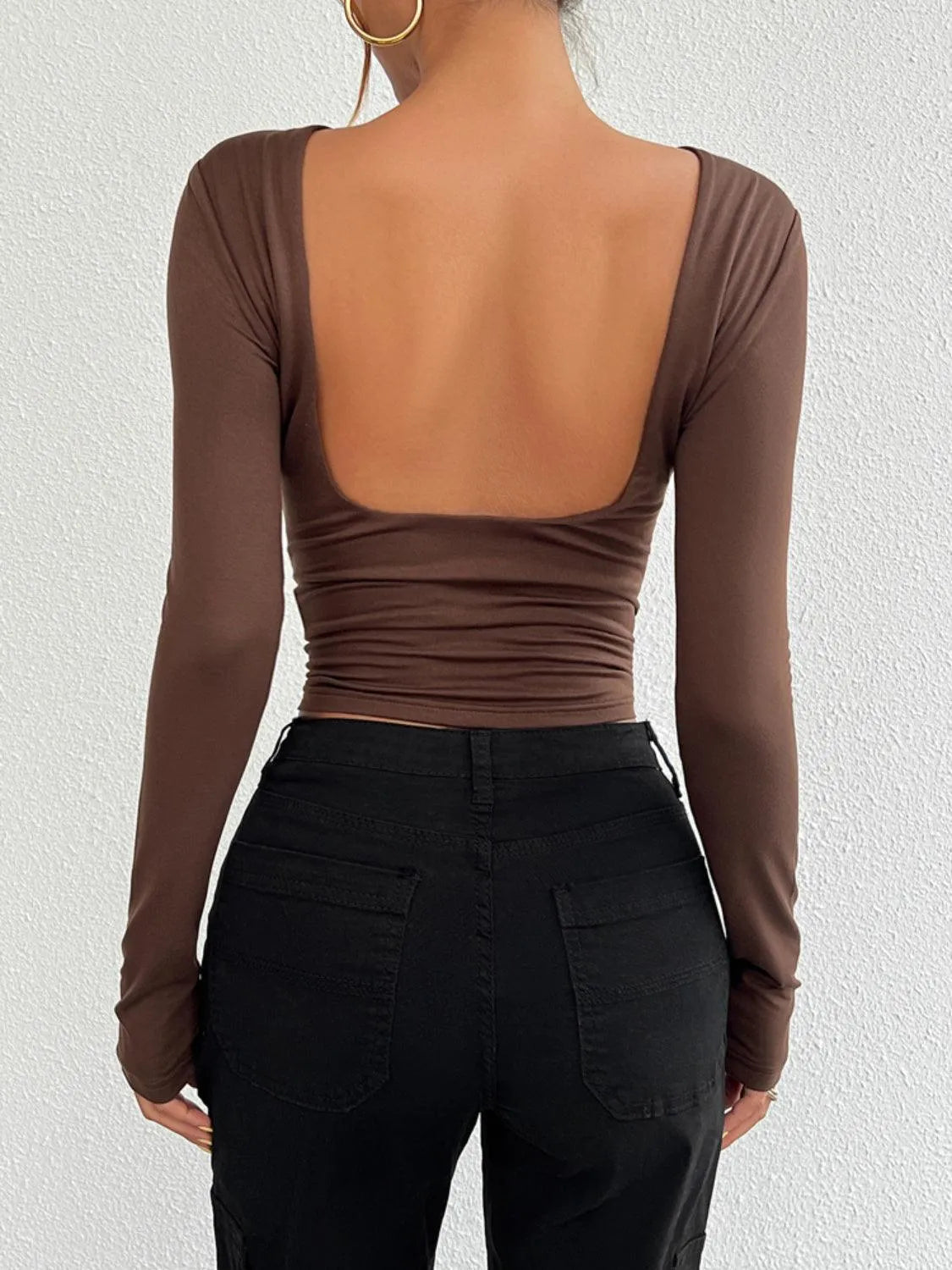 Backless Round Neck Long Sleeve T-Shirt - 6i6