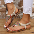 PU Leather Beaded Flat Sandals - 6i6