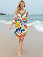 Fringe V-Neck Three-Quarter Sleeve Cover Up - 6i6