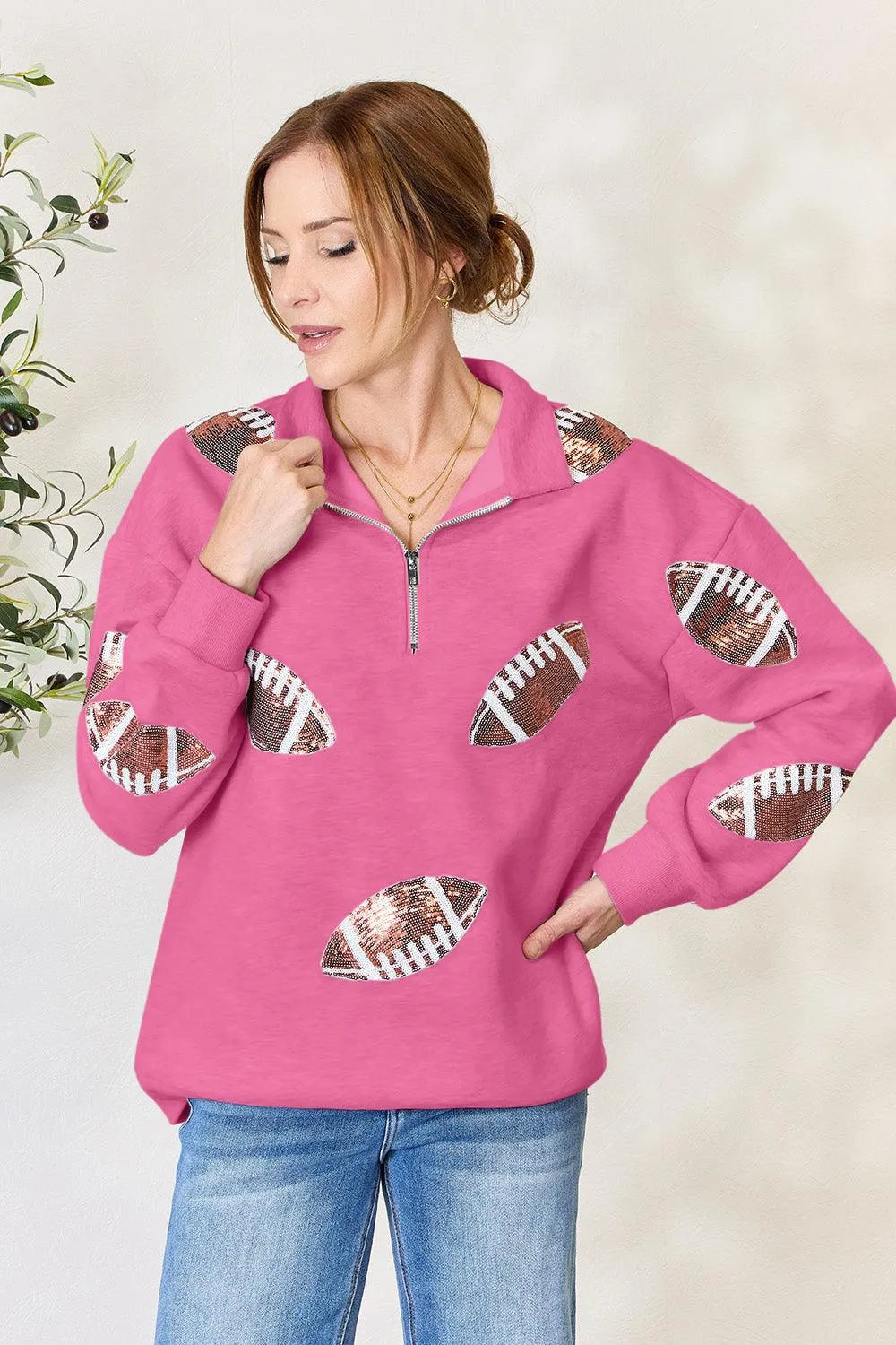 Full Size Sequin Football Half Zip Long Sleeve Sweatshirt - 6i6