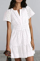 Eyelet Notched Short Sleeve Mini Dress - 6i6