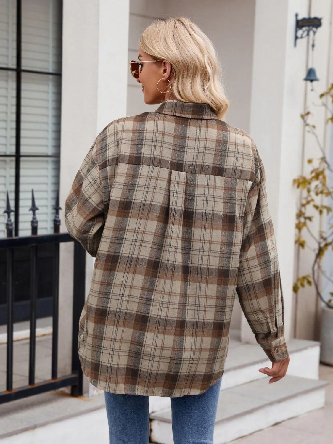 Pocketed Plaid Collared Neck Long Sleeve Shirt - 6i6