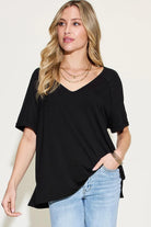 Basic Bae Full Size Bamboo Slit V-Neck Short Sleeve T-Shirt - 6i6