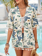 Tassel Printed Open Front Half Sleeve Cover-Up - 6i6