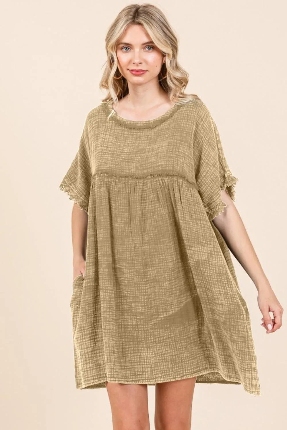 Culture Code Full Size Short Sleeve Babydoll Texture Dress with Pockets - 6i6