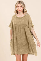 Culture Code Full Size Short Sleeve Babydoll Texture Dress with Pockets - 6i6