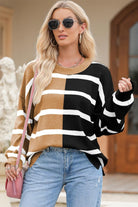 Striped Round Neck Long Sleeve Knit Top - 6i6