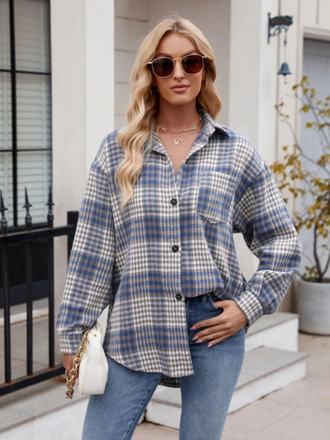 Pocketed Plaid Collared Neck Long Sleeve Shirt - 6i6