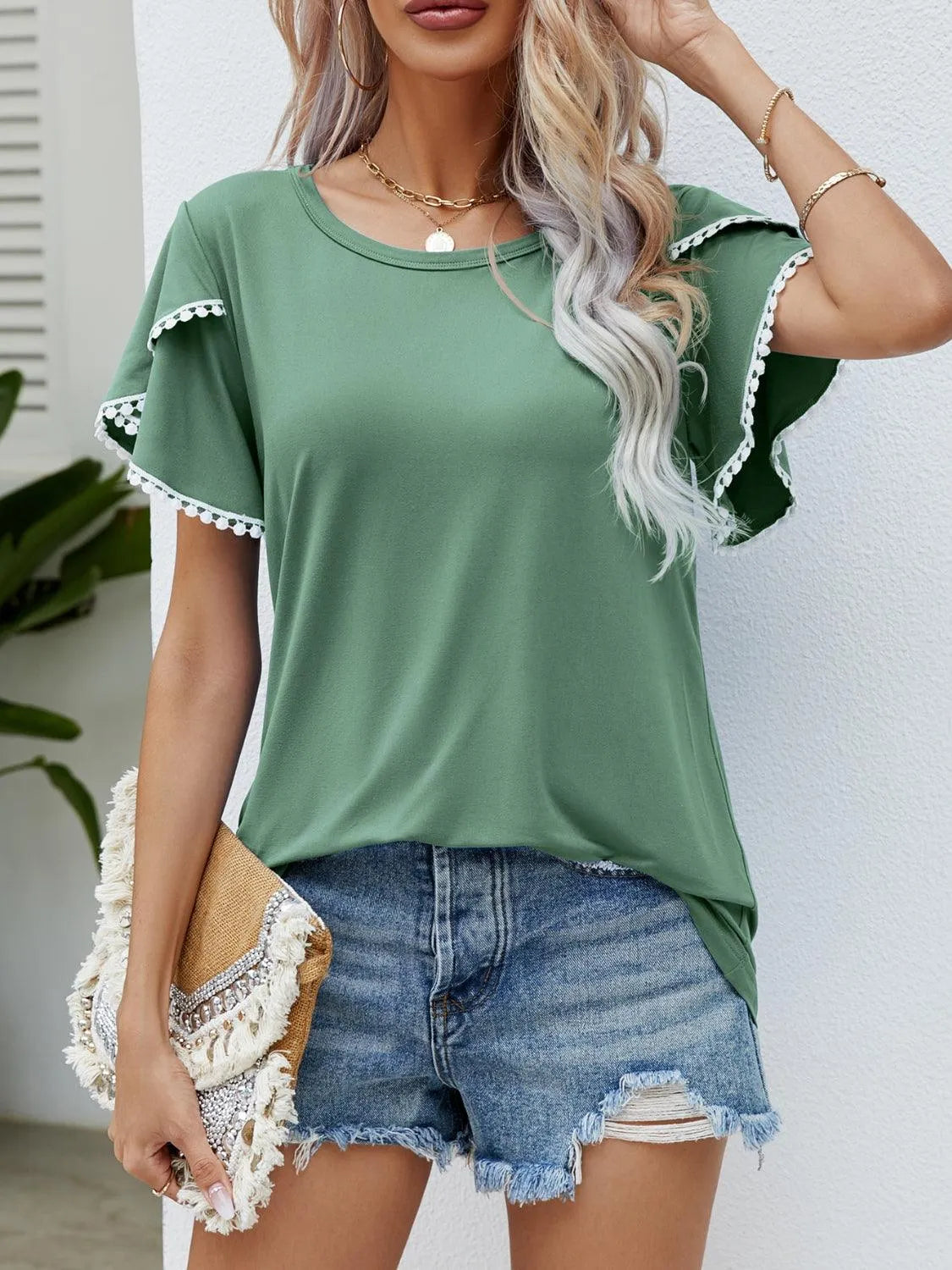 Pom-Pom Trim Flutter Sleeve Round Neck T-Shirt - 6i6