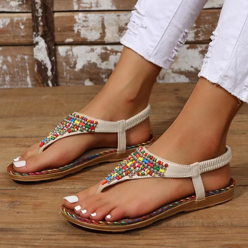 PU Leather Beaded Flat Sandals - 6i6