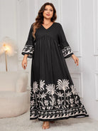 Plus Size Printed V-Neck Long Sleeve Maxi Dress - 6i6