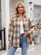 Pocketed Plaid Collared Neck Long Sleeve Shirt - 6i6