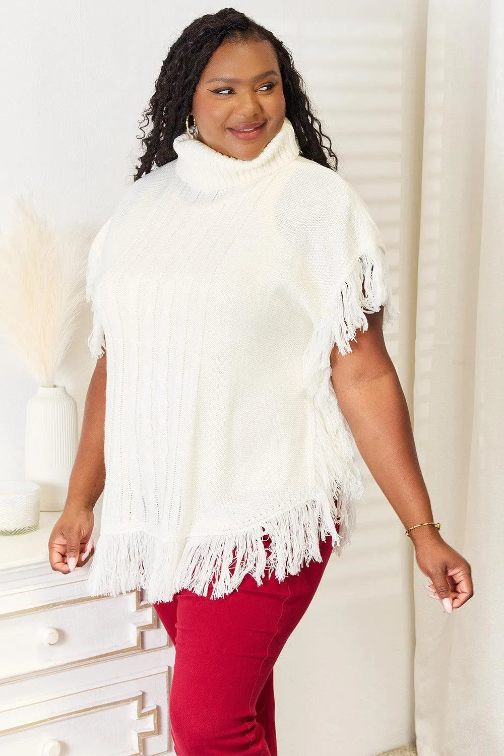 Justin Taylor Turtle Neck Fringe Poncho - 6i6