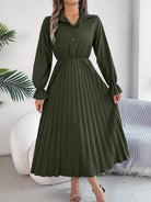 Pleated Half Button Long Sleeve Midi Dress - 6i6