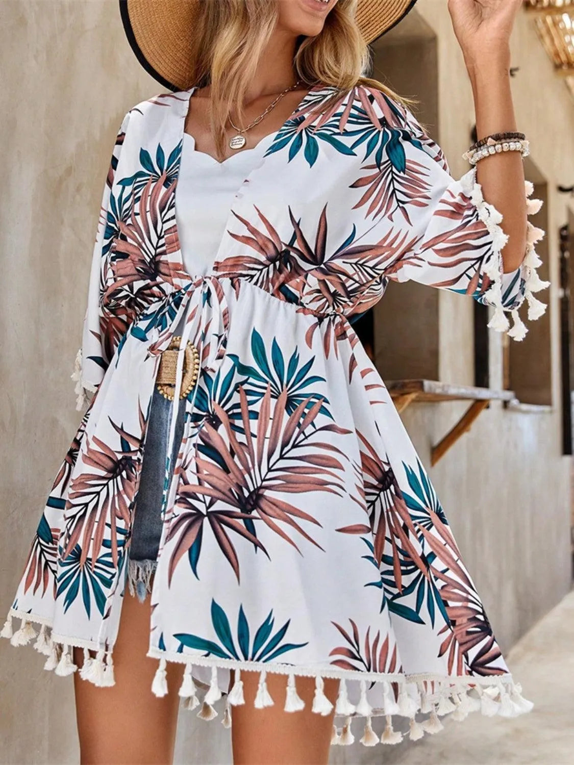 Tassel Tied Printed Half Sleeve Cover Up - 6i6