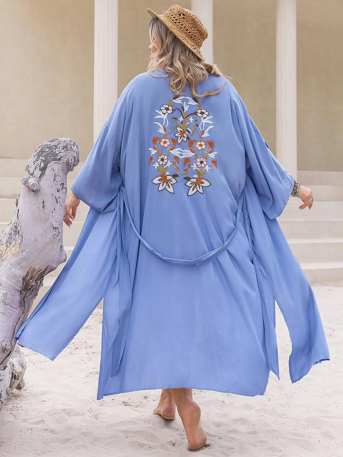 Plus Size Embroidered Tied Open Front Cover Up - 6i6