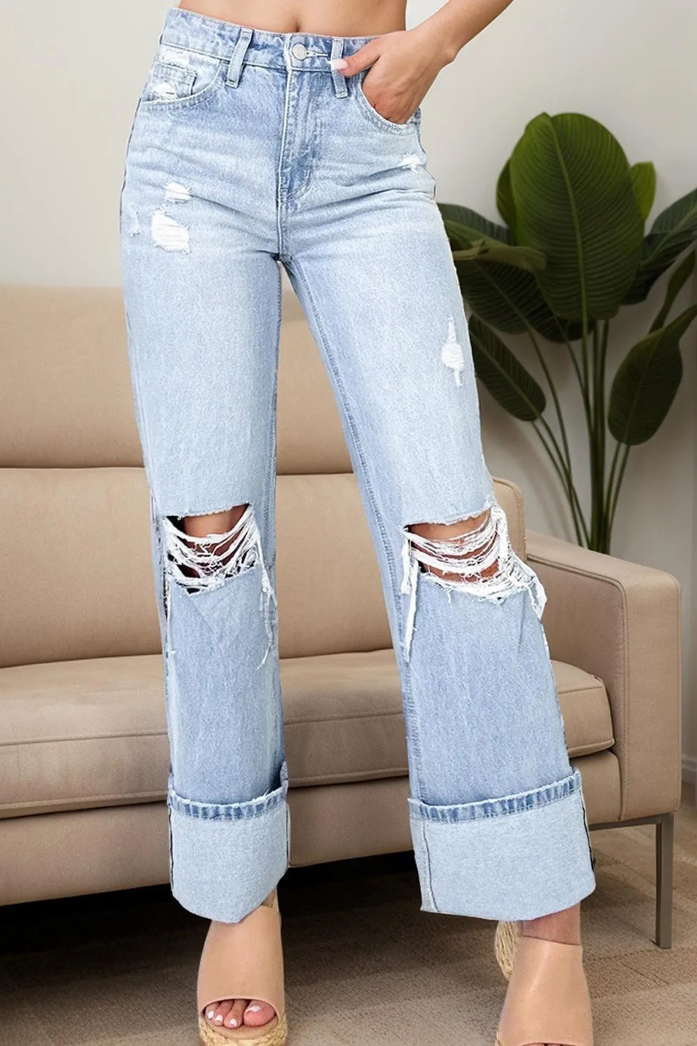 Distressed High Waist Jeans with Pockets - 6i6