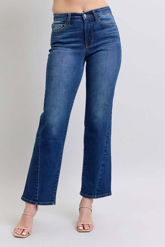 Judy Blue full-size straight jeans with side seam detailing and side pockets, offering a comfortable and stylish fit, available at 6i6.com