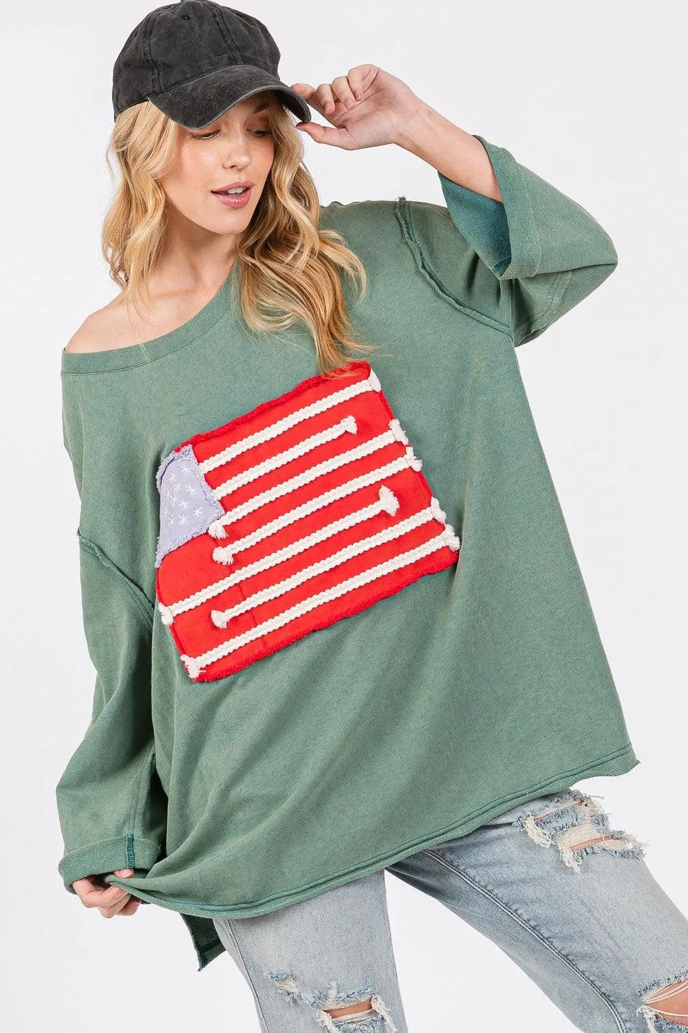 SAGE + FIG Full Size American Flag Patch Drop Shoulder T-Shirt - 6i6