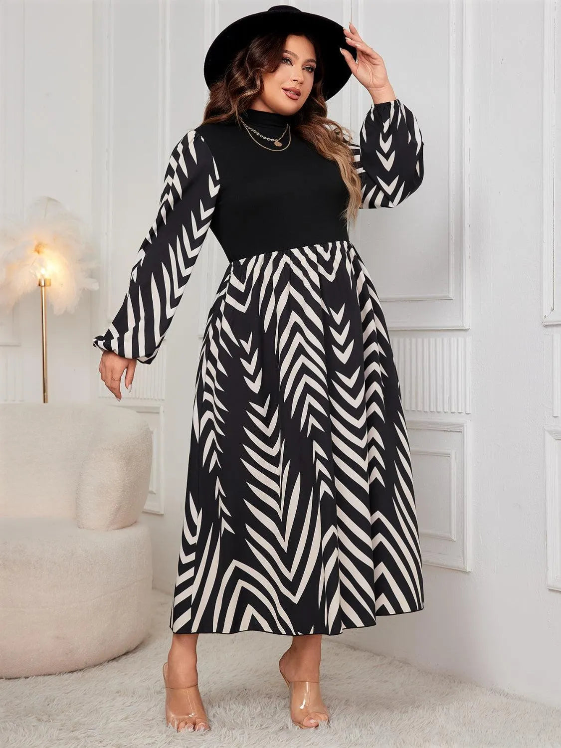 Plus Size Printed Mock Neck Long Sleeve Midi Dress - 6i6