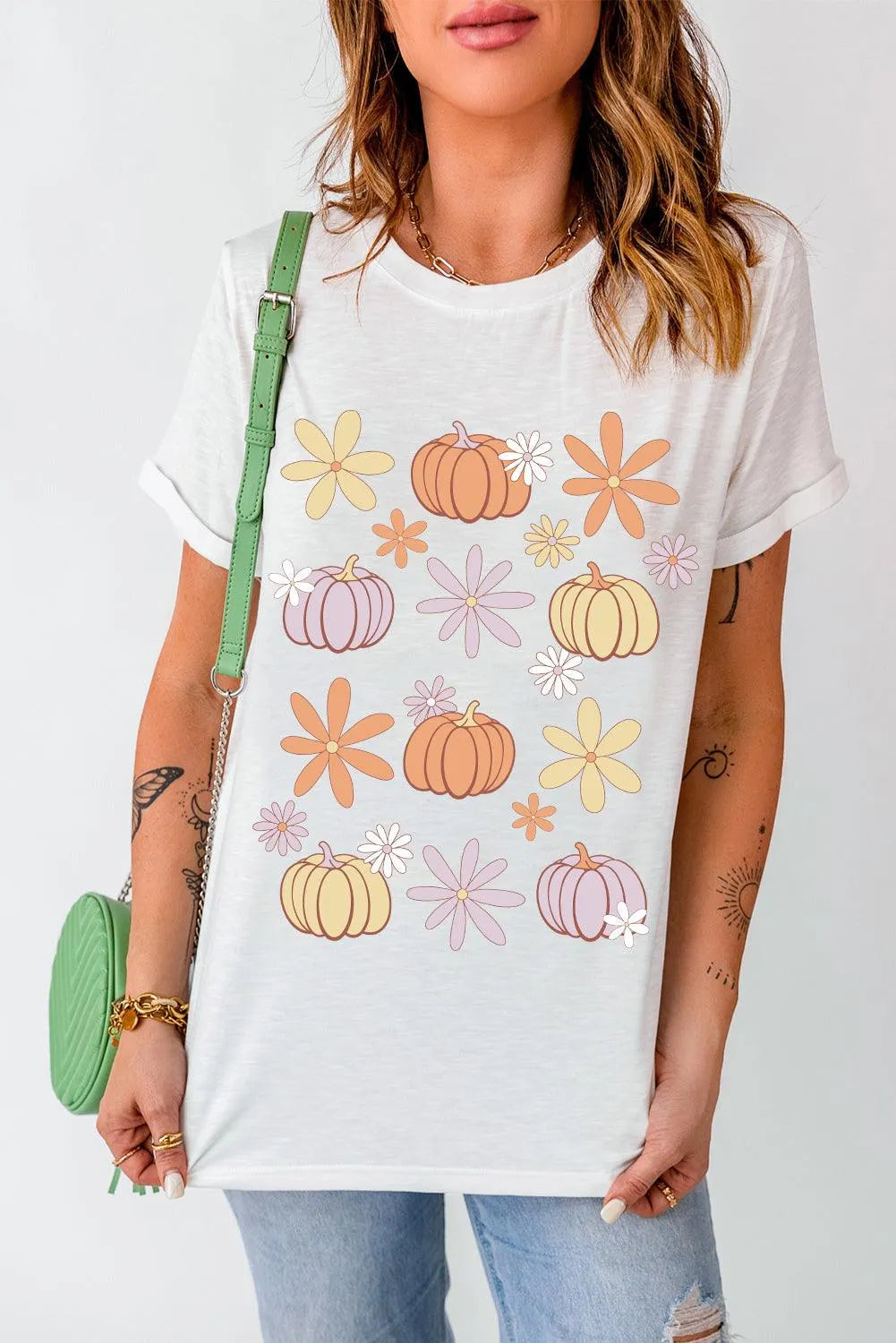 Pumpkin & Flower Round Neck Short Sleeve T-Shirt - 6i6