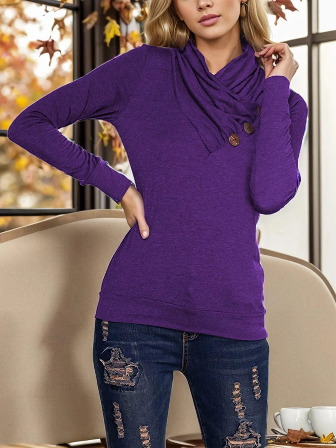 Buttoned Mock Neck Long Sleeve Blouse - 6i6