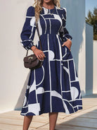 Smocked Color Block Long Sleeve Midi Dress - 6i6