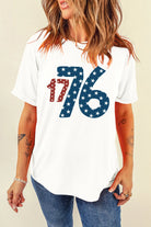 Model wearing a 1776 round neck short sleeve T-shirt with star patterned numbers on a white background.