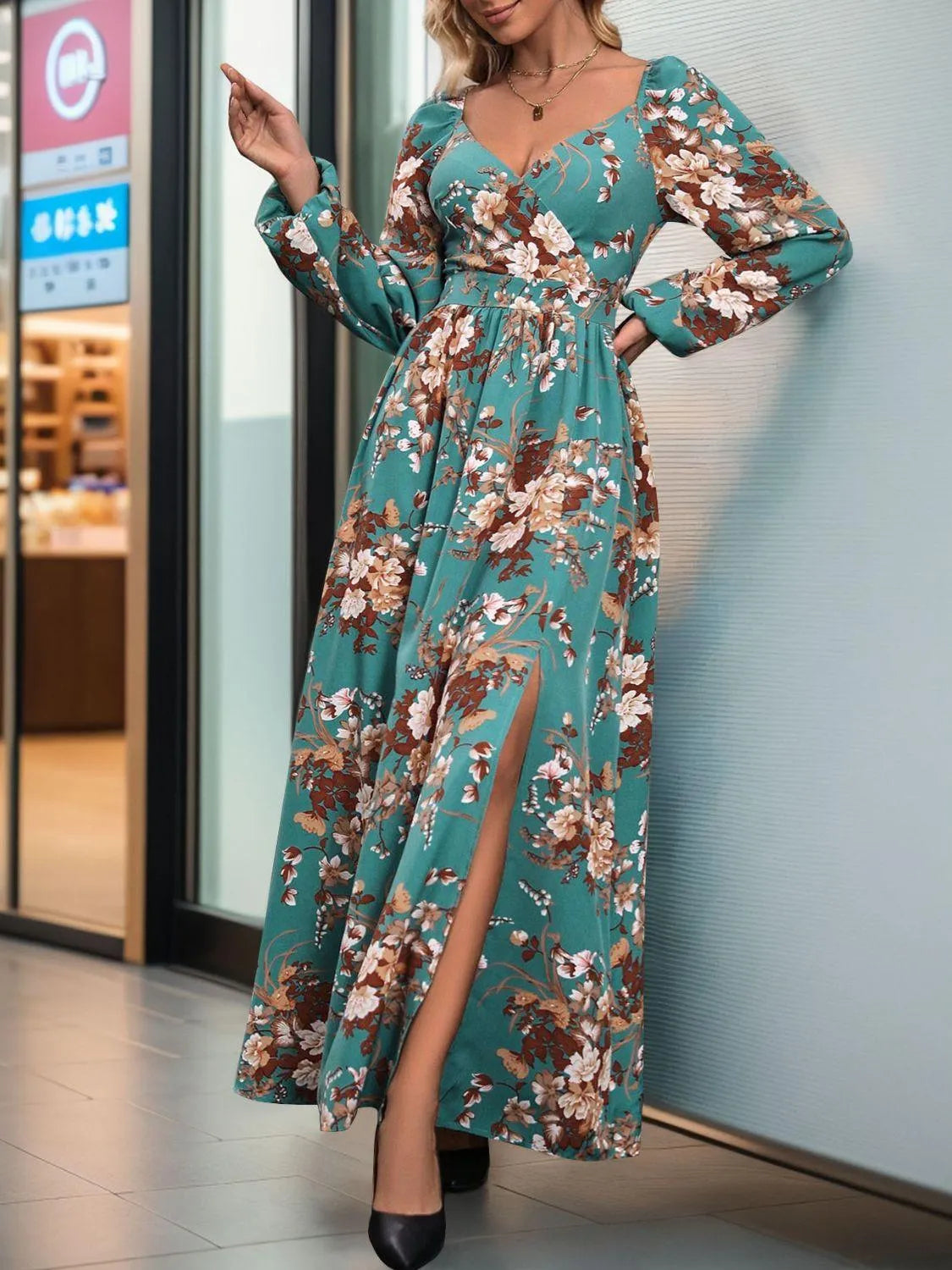 Slit Printed Surplice Long Sleeve Maxi Dress - 6i6