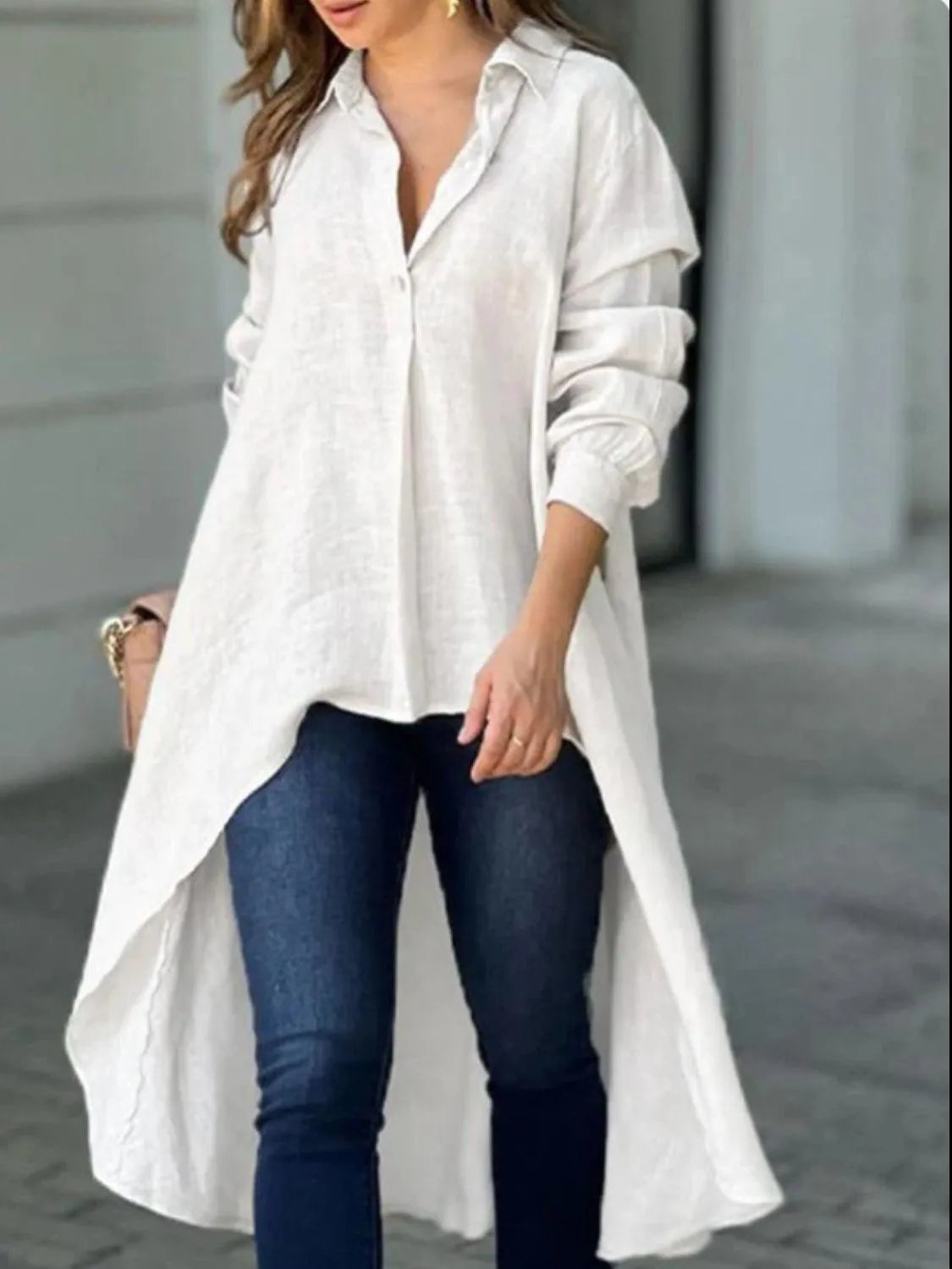 Full Size High-Low Collared Neck Long Sleeve Shirt - 6i6